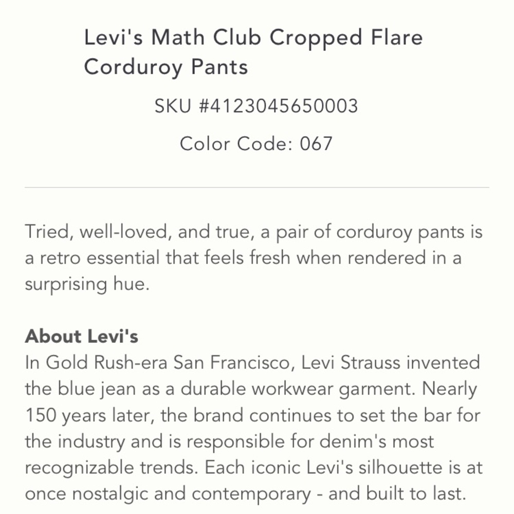 Anthropologie Levi’s Corduroy Pants Size 29 Math Club Cropped New with Tags pink - Picture 5 of 16